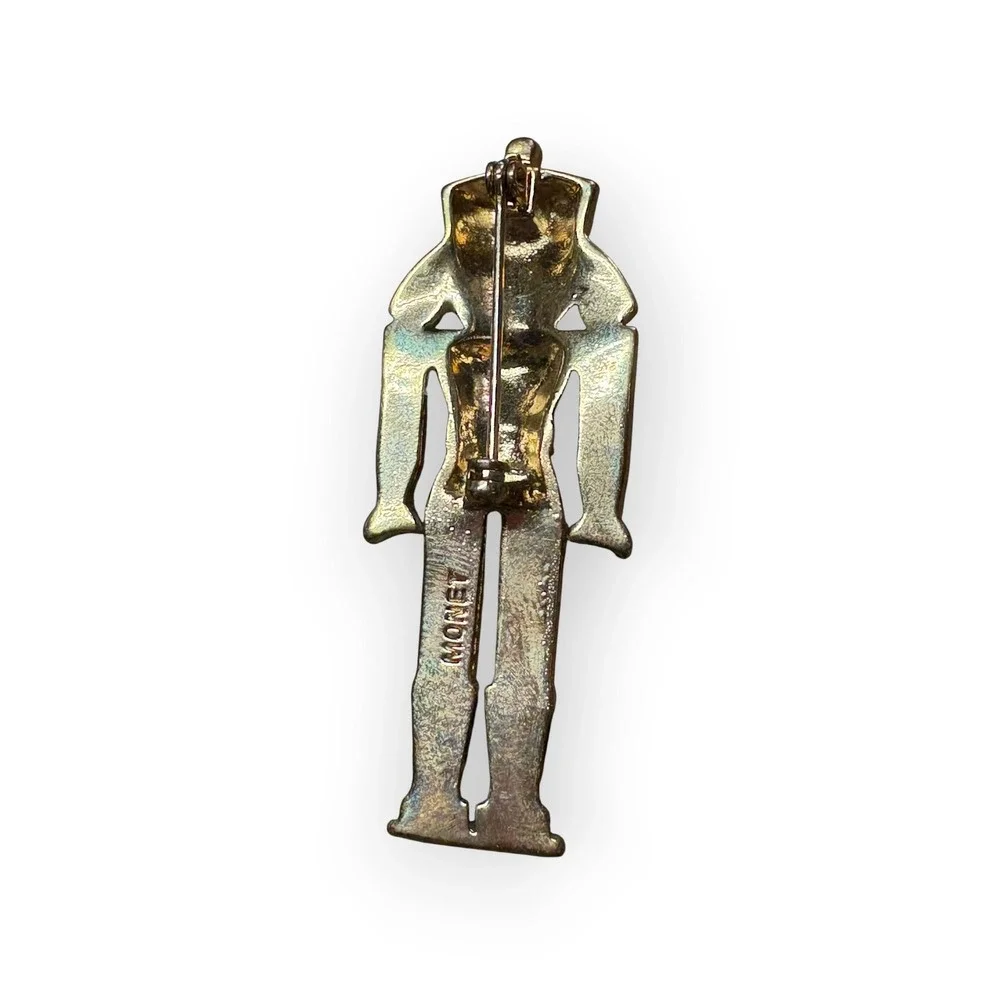 Monet Vintage Nutcracker Brooch Pin Gold Tone Enamel Rhinestone Christmas Signed